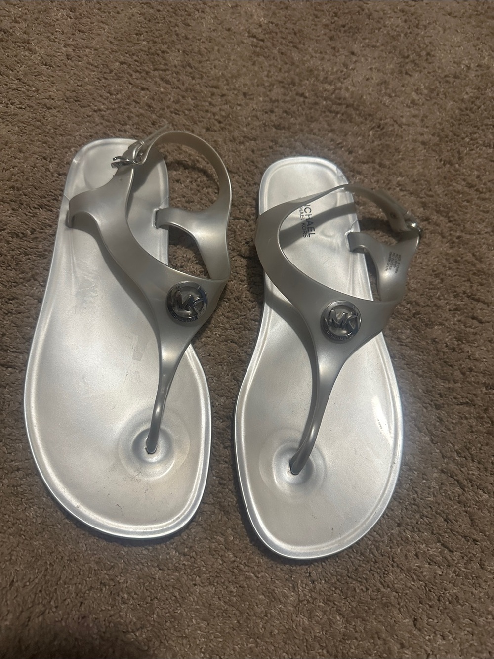 Michael Kors Metallic Silver T-Strap Jelly Sandals